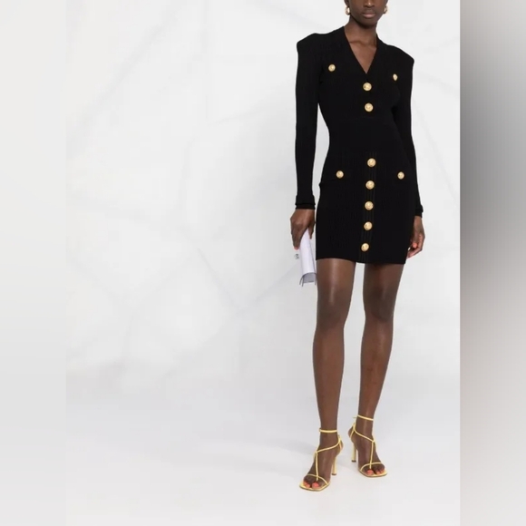 Structured Black Knit Dress | Ribbed, Button Detail | Sophisticated Everyday - Picture 5 of 11